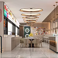 Modern Restaurant Interior With Round Pendant Lights Open Kitchen Dining Table And Green Chairs